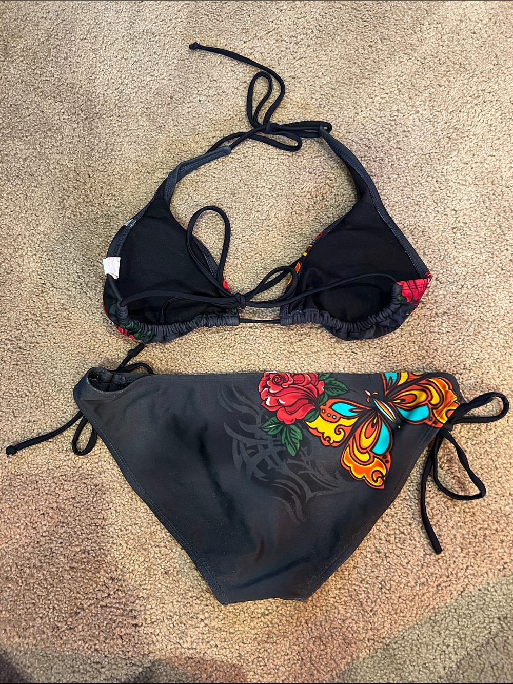 Xhilaration Black Bikini Set with Red Roses and Multicolor Butterfly - Picture 3 of 6